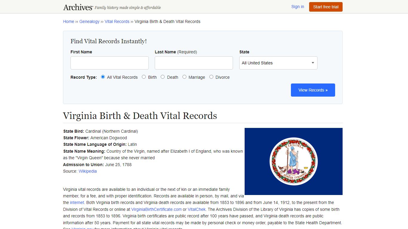 Virginia Birth & Death Records | Vital Records - Archives.com